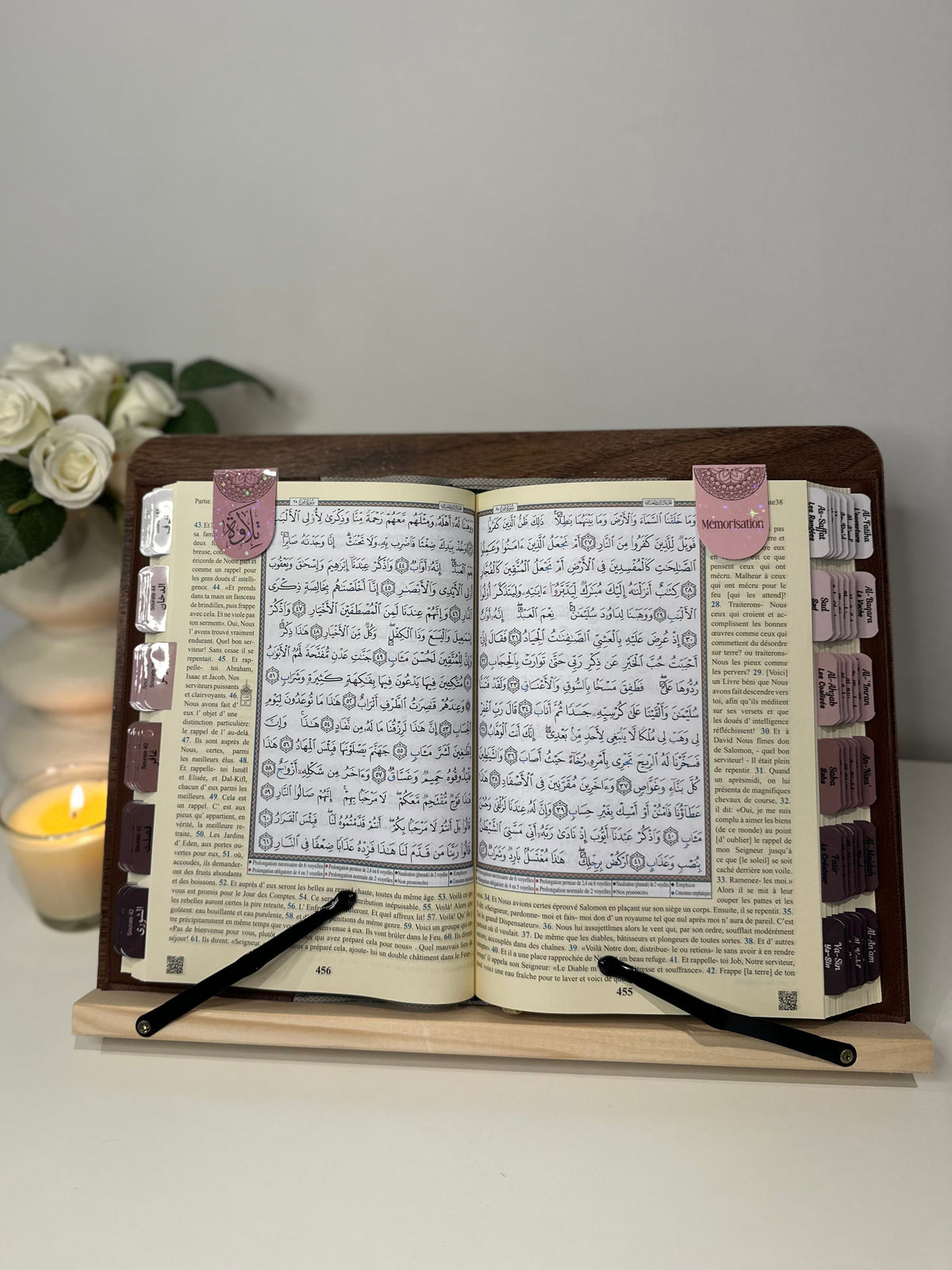 Pack Coran Tajwid Ar/Fr – Onglets Sourates Déjà Posés & Support premium en bois Inclus