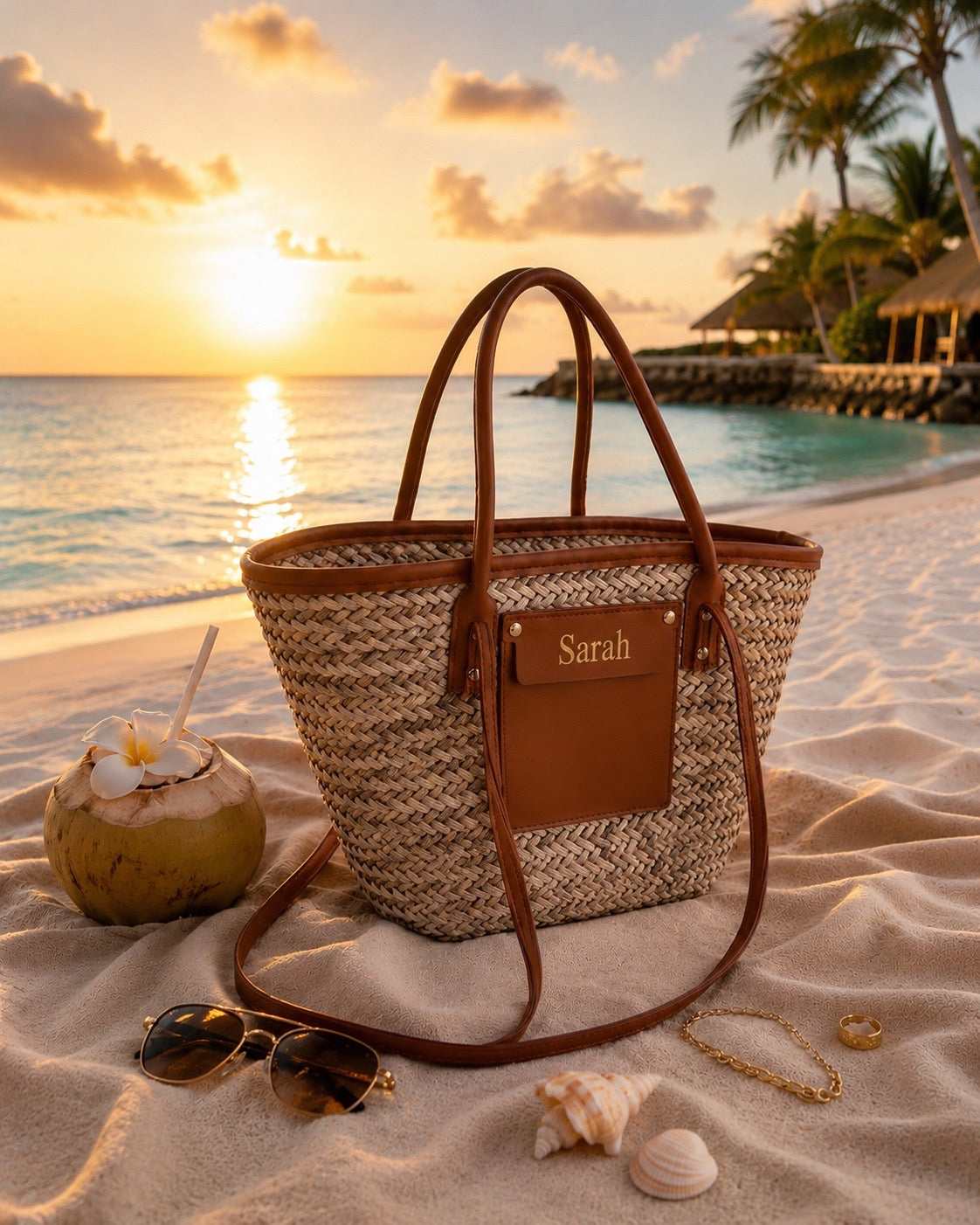 Sac de plage personnalisé en paille tressé