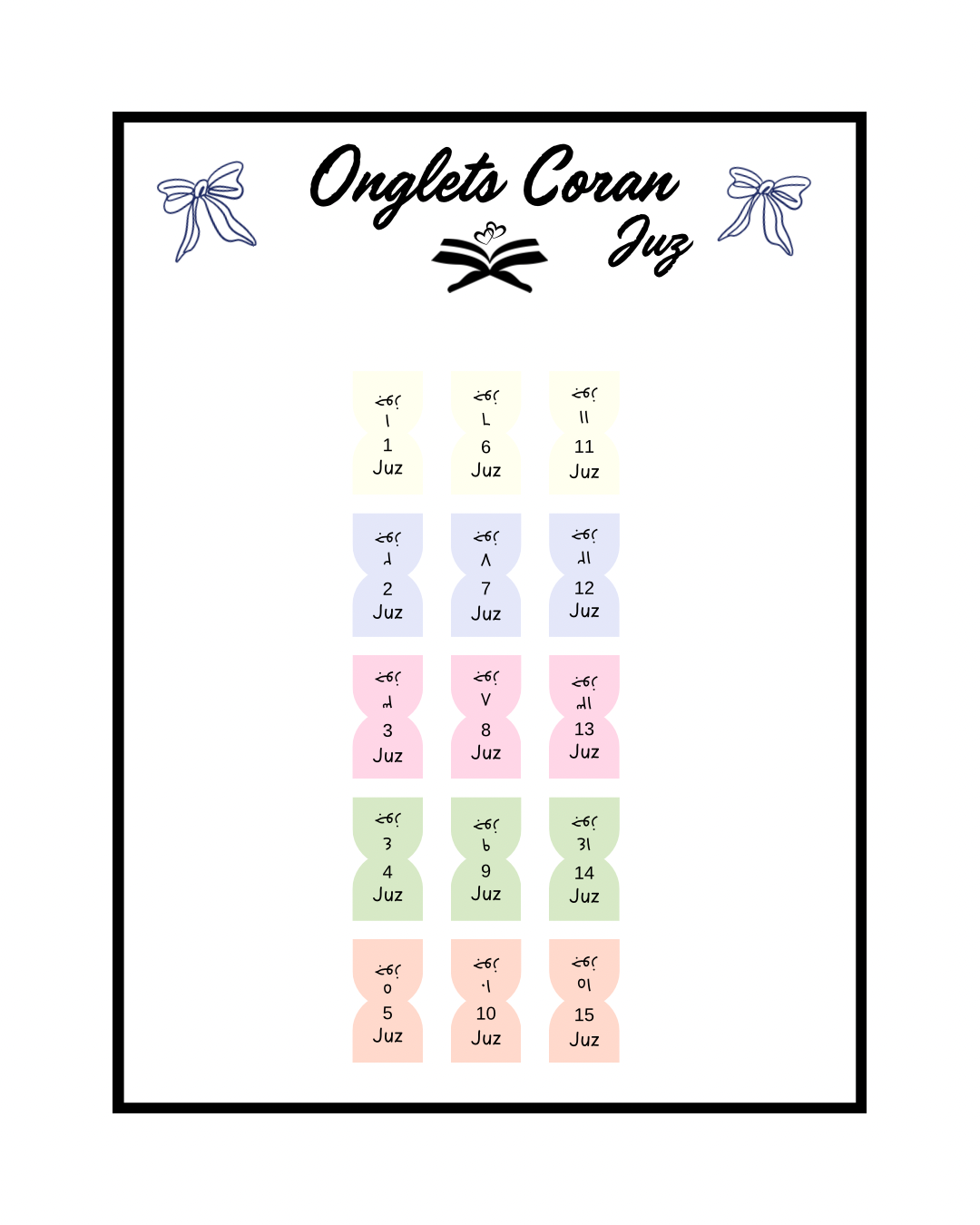 Onglets Coran Juz Pastel